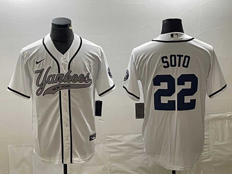 Mens New York Yankees #22 Juan Soto White With Patch Cool Base Stitched Baseball Jersey2